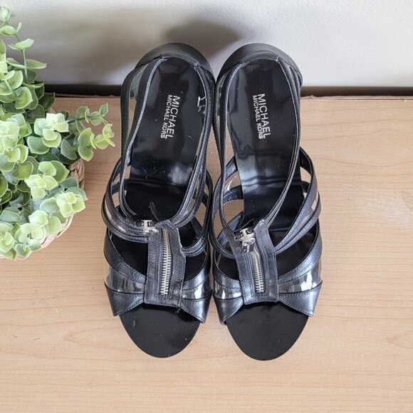 Michael Kors Berkley T Strap Black Leather PVC Front Zip Zipper Sandals Heels - Picture 11 of 16